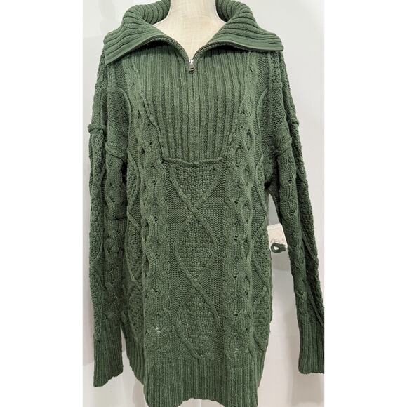 NEW Free People Driftwood Cable Knit Polo Oversized Green Zip Sweater Dress M - Picture 1 of 4